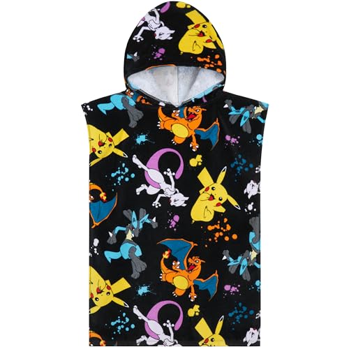 Pokemon Badeponcho Kinder Handtuch mit Kapuze Kuschelig und Saugstark Pikachu Strandtuch Baumwolle Poncho Badetuch Jungen und Mädchen (Schwarz/Mehrfarbig, 6-9 Jahre)