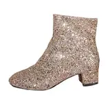 shownicer Damen Glitzer Stiefeletten Bequeme Runde Zehen Kurze Stiefeletten Mode Chunky Heels Ankle Boots Pailletten Schuhe mit seitlicher Reißverschluss A Gold 36