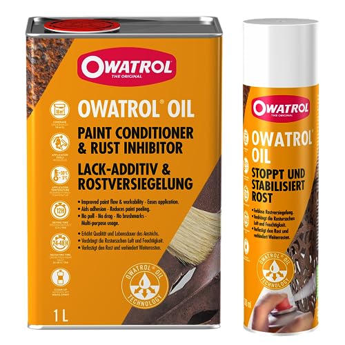 OWATROL – OIL – Set – Farbloser Rostschutzlack (1 Liter) und -spray (300ml) – farblos – dringt ein und stoppt Rost, Schutz für Oberflächen aus Metall Kunststoff Glas Holz