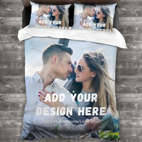 Kitlay Bettwäsche Personalisiert Foto Bettbezug, Individueller Dreiteiliges Set mit jedem Foto/Text/Logo, individuelles Bettwäsche Set, unvergessliches Geschenk für Familie (135 × 200 cm)