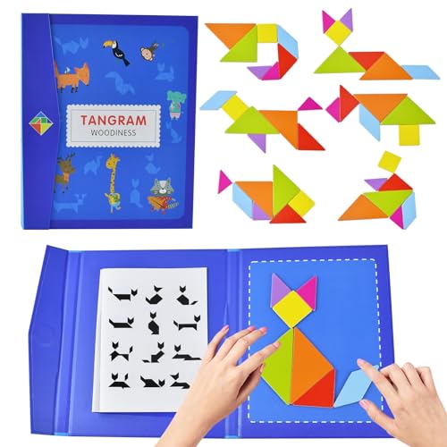 Tangram Magnetisch,Tangram Kinder,Tangram Puzzle,Tangram Magnetpuzzle Geometrische Formen Puzzle Bausteine Buchform für 3 4 5 6 7 8 Jahren Kindertangram Kinder mitgebsel(Blau-B)
