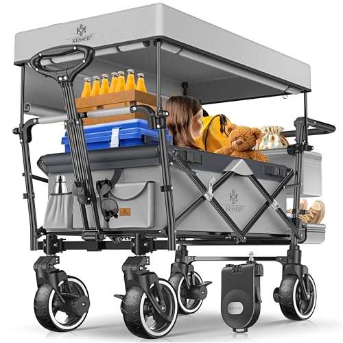 KESSER® Bollerwagen Faltbar GTS-9100 mit Dach Handwagen Transportwagen klappbar belastbar bis 150kg mit Hartgummi-Räder & Feststellbremsen Vorne & Hinten Inkl. Schloss, Abdeckung & Sichtschutz