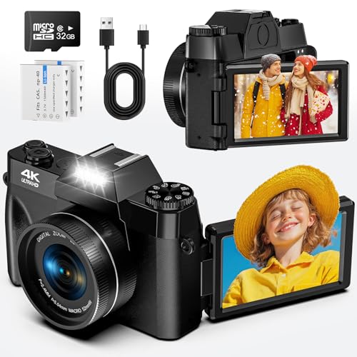 Digitalkamera, 56MP 4K Fotokamera mit 180° Flip 3.0" Bildschirm, 16X Autofokus Kompaktkamera mit 32G SD Karte& Zwei 1500mAh Batterien für Kinder Erwachsene Ältere Anfänger