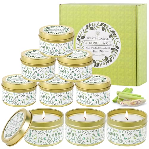Vleuexe Citronella Kerzen,9 Stück Duftkerzen im Dose,Zitronengras natürliche Sojawachs für Innen und Draussen Citronella Duft Kerze für Garten,Camping,Picknick,Outdoor Kerzen,gartenparty,Candles Set