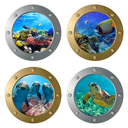 AIBAOBAO 4 Stück 3D Wandtattoo Unterwasserwelt, 3D Sea Life Wandaufkleber Delfin U Boot Fenster Fliesenaufkleber, Wandsticker Badezimmer Bilder Bullauge Deko für Schlafzimmer Wohnzimmer Bad Wanddeko