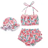 Kleinkind Baby Mädchen 3 Stück Badeanzüge Wassermelone Drucke Bikini Badeanzug Slips Mädchen Bikini Strand Bademode Hut Set Neugeborenes Jungengeschenk (Pink, 6-12 Months)