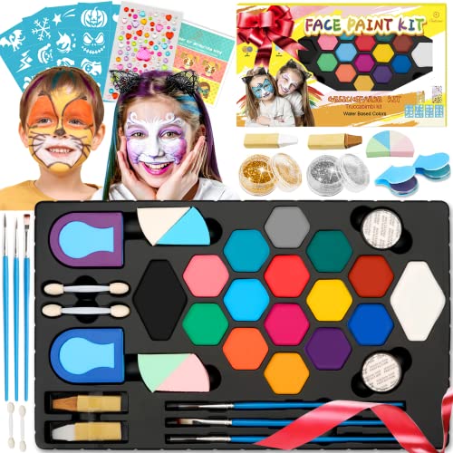 Kinderschminke Set Fasching, Karnevalsschminke Mädchen 16+2 Professionelle Schminkfarben mit 32 Schablonen,116 Strasssteine, Haarkreide - Kinder Schminke Geschenk für Karneval, Geburtstag, Party