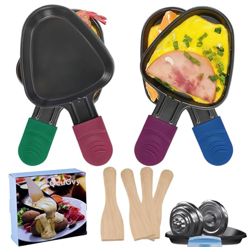 QcuGvy Poelon Raclette Triangulaire 4PCS Revêtement Antiadhésif mini Poelon Raclette avec 4 Petites Pelles Poignée Isolée pour Omelette au Fromage Fondu