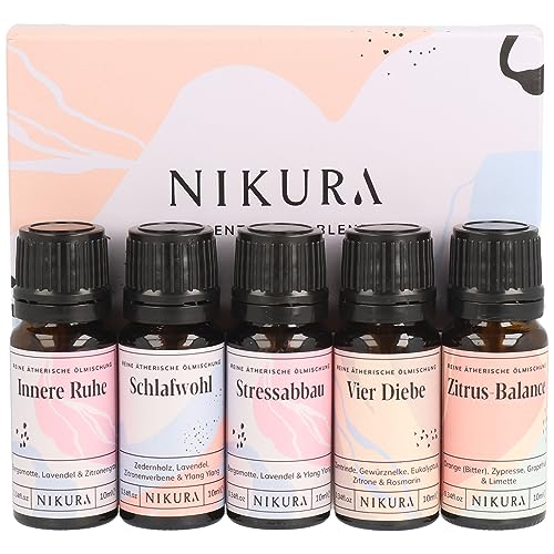 Nikura Ätherische Öle Mischungen Geschenkset - 5 x 10ml I Für den Diffusor für Zuhause, Schlaf, Aromatherapie, Kerzen