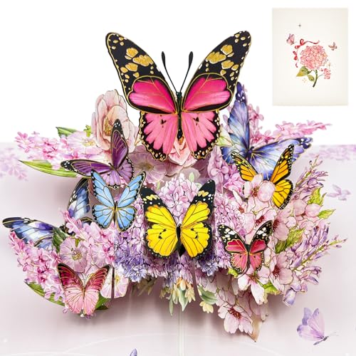 YianHien Geburtstagskarte Pop Up Frauen, Rosa Schmetterling und Blumen Geburtstagskarte mit Umschlag, 3D Schmetterling Karte für Freundin Ehefrau Mama Schwestern zum Geburtstag Hochzeit Jubiläum