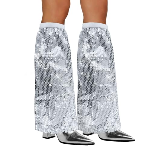 Xerteam Pailletten-Stulpen, 70s Abba Kostüm Disco Outfit Damen, 1 Paar Abba Kostüm Damen Sequin Leg Boot Covers, Disco Outfit Glitzer Kostüm Abba Outfit für Karneval, Mottoparty - Silber