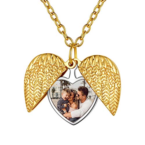 Custom4U Personalisierte Damen Frauen Medaillon mit Fotogravur Kupfer Herz Flügel Medaillon zum Öffnen für Bilder Memorial Engelsflügel Amulett Geschenke für Weihnachten Geburtstag Muttertag