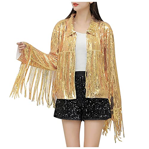 Damen Pailletten Fransen Jacke Langarm Party Club Offen Glitzer Cardigan Glitzer Quasten Kurzjacke Clubwear Crop Party Tops Sequin Fransenjacke 90S Streetwear Karneval Party Kostüm (01-Gold, One Size)