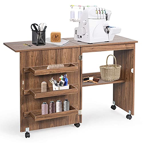 RELAX4LIFE Faltbarer Nähtisch auf Rollen, Nähmaschinenschrank aus Holz, Nähschrank, Mehrzwecktisch, ideal für Wohnzimmer, Schlafzimmer und Arbeitszimmer (Braun)
