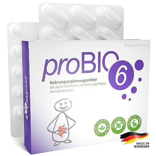 proBIO6 Probiotika Kapseln hochdosiert | Aus der Apotheke für die Darmflora | Selektierte Qualitäts-Stämme | Ohne Inulin | 30 Kapseln Intensivkur und Monatsversorgung | Probiotic Darmbakterien