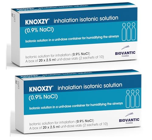 KNOXZY Sterile isotonische Kochsalzlösung 0,9% – Natriumchlorid NaCl – Inhalations-Kochsalzlösung zur Befeuchtung der Atemwege – 20 x 2,5 ml Einheitsdosisfläschchen (2er-Pack)