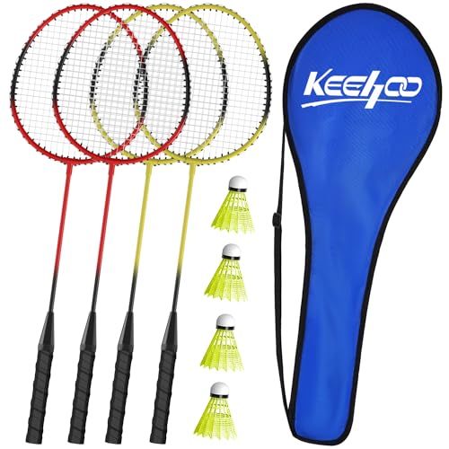 KH Federball Set Badminton Schläger Set of 4 für Erwachsene Kinder, 4 Schläger, 4 Federbälle und Tragetasche im Lieferumfang