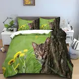 HRBK GrüNes Tier Bettwäsche 135x200 Getigerte Katze Bettwäsche Set mit Reißverschluss 110gsm Mikrofaser Bequem Atmungsaktiv Bettbezug und 2 Kopfkissenbezug 80x80 cm