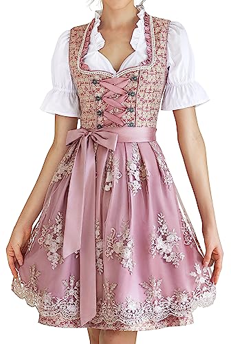 EIISSION Dirndl Damen Midi Trachtenkleid inkl. Trachtenrock Dirndlbluse Dirndlschürze für Oktoberfest Pink 36