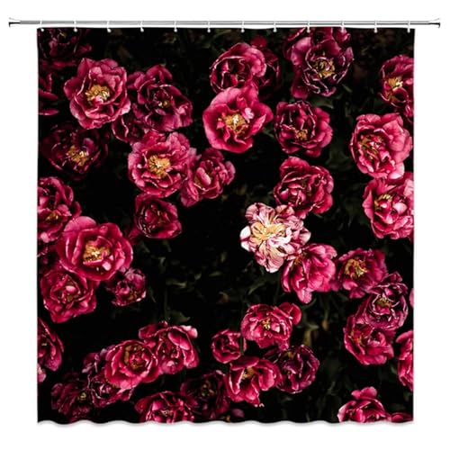 Duschvorhang rote Blume W90cm x L180cm Shower Curtains Antischimmel,Textil Vorhang Outdoor Wasserdichter,Waschbar Stoff Badewanne Duschvorhänge mit Gewicht Unten Bad Vorhang Badewanne Decor M-253