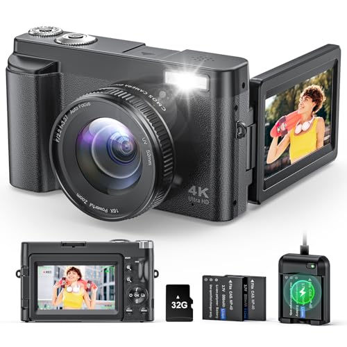 Digitalkamera 4K 48MP Kamera Fotokamera 16X Zoom mit 32GB Karte, Kompaktkamera mit 3" Klappdisplay, Autofokus, Blitz, Anti-Shake Vlog Kamera Selfies für Einsteiger