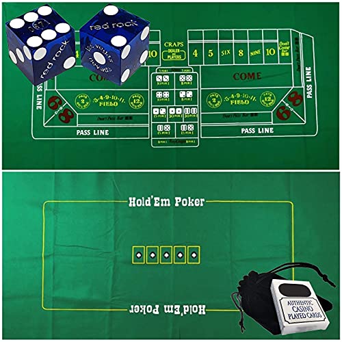 Craps & Texas Hold'em Poker Essentials Set: 2-seitig, 1,8 m x 0,9 m, Filz-Layout, Las Vegas Casino Tisch-Würfel und Karten, plus Aufbewahrungstasche (Red Rock (blau poliert))