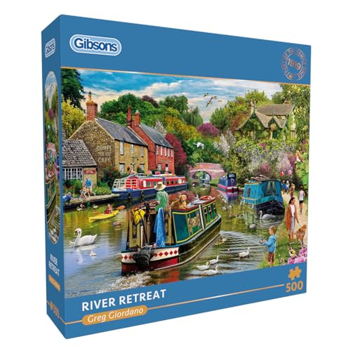 Gibsons River Retreat Puzzle, 500 Teile, schönes buntes Kunstwerk, Kanalboote, nostalgisch, nachhaltig, für Erwachsene, Teenager, hochwertiges 100% recyceltes Brett, tolles Geschenk | Gibsons Games