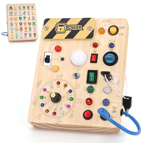 Konijiwa Montessori Spielzeug ab 1 Jahr Busy Board Activity Board Spielzeug ab 2 Jahre Holzspielzeug mit 10 Schalter 23 LED-Leuchten Spielzeug Sensory Learning Toys für 1 2 3 Jahre Jungen und Mädchen