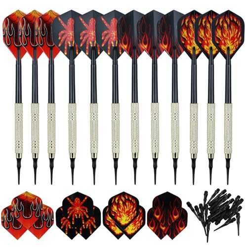 Strehknewen 12 Stück Dartpfeile Set, Dartpfeile mit kunststoffspitze, 24 Flights in 4 Designs, 100 zusätzliche Dartspitzen, geeignet für Elektronische Dartscheibe, Gesellschaftsspiele, Zusammenkünfte