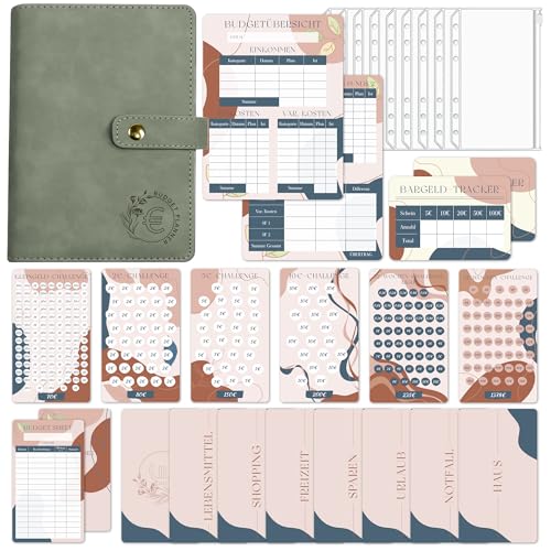 BIROYAL Budget Planner Deutsch | Bugetplaner Deutsch Startset mit Sparchallenge | Budget Planner | Sparen mit Umschlagmethode,Budget Binder A6 Wildleder (Grün) + Anleitung für Anfänger