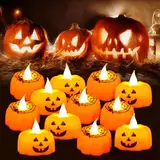 Kürbis Teelichter Kerzen,12 LED Flammenlose Kerzen,Halloween Kürbis Lichter,LED Teelichter Halloween,Kürbis Kerzen Flammenlose,LED Flammenlose Kerzen,Halloween Echtwachs Flammenlose Kerzen