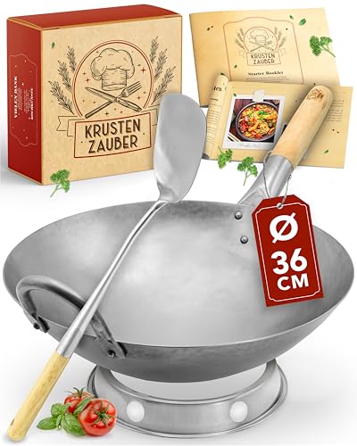 KRUSTENZAUBER 36cm Wokpfanne Mit Rundem Boden - Traditionelle Stahlpfanne Mit Wender und Ring - Induktionsgeeignet, Woklette, Zubehör, Carbon Steel Karbonstahl