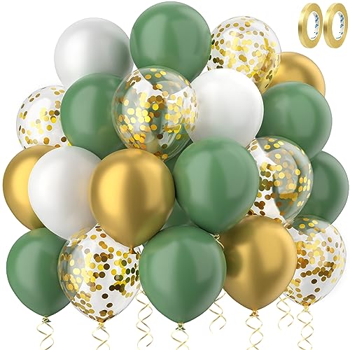 MUEZDUR Grüne Luftballons Salbei Grün Gold Weiß luftballons hochzeit Set 60 Stück 30cm Helium Ballons mit 2 Rollen goldener Band als Baby Shower Geburtstag Jubiläum Party Dekoration Graduierung