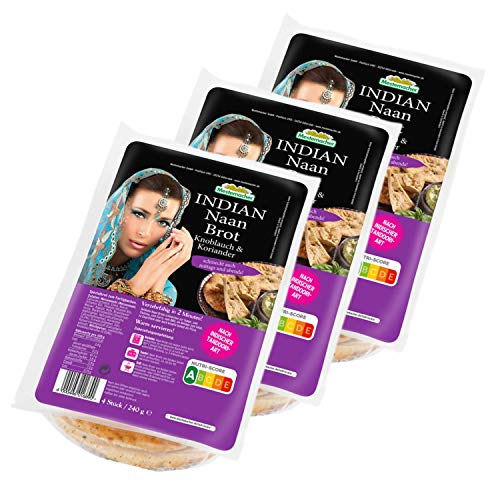 Mestemacher - 3er Set "Original" INDIAN Naan Brot Knoblauch & Koriander Weizen in 240 g Packung (4 Stück) - Indisches Fladenbrot Naanbrot ideal als Beilage oder Snack