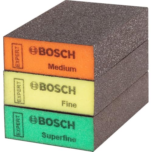 Bosch 3X Expert S471 Standard Blöcke (Schleifschwamm für Weichholz, Farbe auf Holz, 69 x 97 x 26 mm, Feinheitsgrad Mittel/Fein/Superfein, Professional Zubehör Handschleifen)