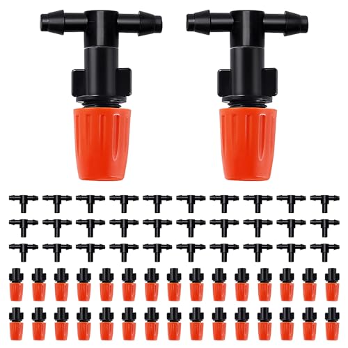 VooGenzek 30 Stücke Sprinklerköpfe Düsen T-Gelenke, Garten Misting Bewässerungssystem, T-Gelenke Sprühdüse Bewässerung, Wassernebel kühlsystem sprinklerdüse, mit T-Gelenke, Orange