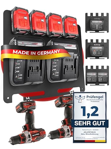 Adlerfokus Wandhalterung für Einhell Akkus & Ladegeräte [Made in Germany] Einhell Akkuhalter Wandhalterung mit Premium Montagematerial - Einhell Akku Wandhalterung 18V - Einhell Akku Halterung Wand