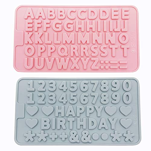 QZDADA 2 Stück Silikon-Buchstaben, Zahlen, Happy Birthday, Symbole, Alphabet, Schokolade, Kuchen, Süßigkeiten, Kekse, Dekoration Tablett