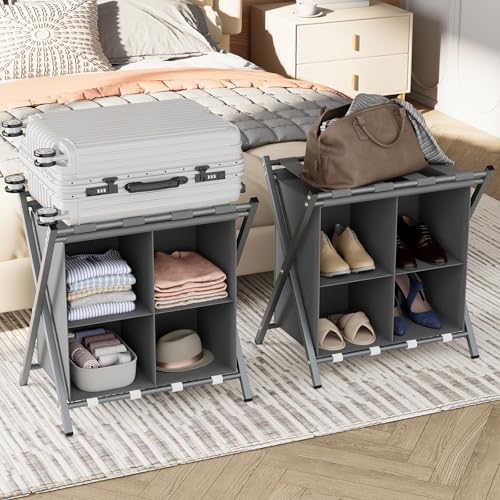 aboxoo 2er-Pack Gepäckträger mit Stauraum, Gästezimmer, zusammenklappbar, hält bis zu 54,4 kg, platzsparende Kofferhalter für Gästezimmer, Schlafzimmer, Hotel, Grau