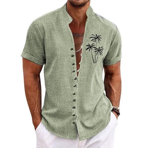 Langarmshirt Herren Hemd Herren Kurzarm Hemd Herren Slim Fit Stehkragen Palm Druck Sommerhemd Kurzarm Knopfleiste Strandhemd Polo Shirt (Minzgrün 3XL)