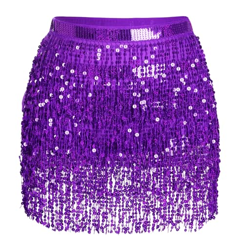 Glitzer Damen Rock Pailletten Rock Bauchtanz Kostüm Mini Rock Cowgirl Kostüm Tanzkleid Rave Outfit Hüfttuch Kostüm für Damen Mädchen (DE/NL/SE/PL, Alphanumerisch, M, Regular, Regular, Lila)