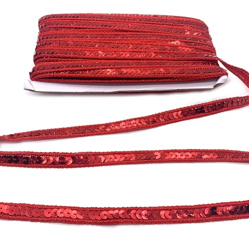 DHER 25 Meter langes Pailletten-Dekorband, 12 mm Paillettenband, Glitzer Paillettenband Paillette Trim Bänder Pailetten Bordüre Stoff Paillettenbesatz, glitzerndes Paillettenband (Rot)