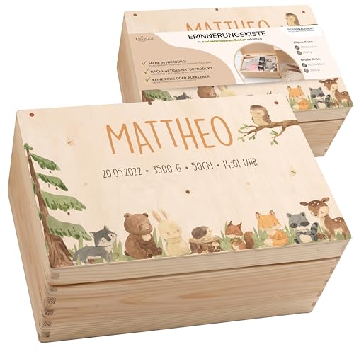 KIDSMOOD Personalisierte Erinnerungskiste: Kinder-Memory-Box, Holzkiste mit Deckel, Kinder-Erinnerungsbox als Geschenkidee zur Geburt oder zum Geburtstag für Mädchen und Jungen, Baby-Box mit Namen