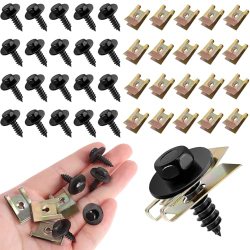 Karosserieschrauben Set, 20 Paare Blechmuttern Blechschrauben Schwarz Edelstahl Blechmutter Schraube Mutter Clip Kit, Karosserie Clips Befestigung Clips für Unterbodenschutz Auto Kotflügel Clips U-Typ