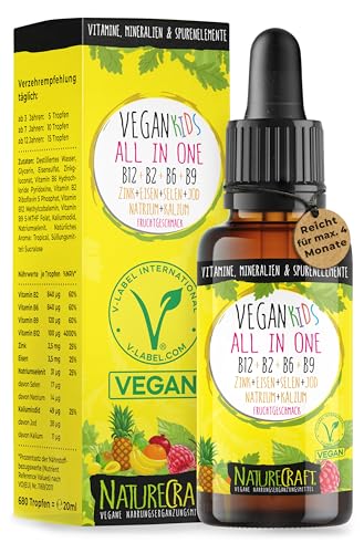 Vegan Kids All-in-One Tropfen - Vitamin B12+B2+B6+B9 Folsäure + Zink + Eisen + Selen + Natrium + Kalium + Jod - Komplex mit natürlichem Tropical Fruchtgeschmack (20ml = max. 4 Monats-Vorrat)