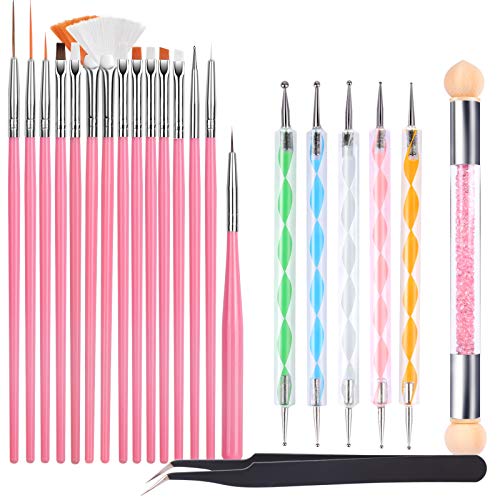 FANDAMEI 22-teilige Nail Art Pinsel Set, 15 Stücke Nagel Pinsel, 5 Stücke Dotted Pen Punktierung Stift, Schwammpinsel Sponge Brush, Pinzette, Werkzeug für Nagelkunst Nageldesign Maniküre (Rosa)