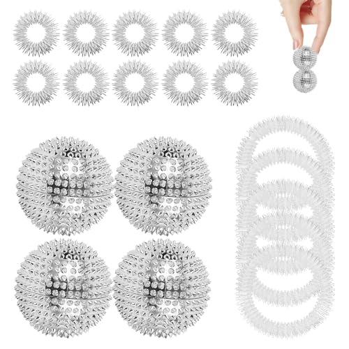 4 Stück Magnetic Massagebälle Set mit 10 Massageringe & 5 Massage-Armbänder, Skills Igelball, Ball Massage für Stress Relief (Silber)