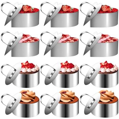 MZJAUVF 12Stück Dessertringe, 8cm Servierringe, Edelstahl Anrichteringe, Mousse Ring, 6 Herzen Tortenring, 6 Runde Servierring, Wiederverwendbar Speiseringe, Kuchenring Set für Mousse, Kuchen, Pudding