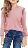 Haloumoning Mädchen Langarm T-Shirt Baumwolle Rundhals Top Leichtgewicht Sport Langarmshirt Basic Casual Sweatshirt Rosa 140