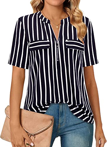 Amrto Damen V-Ausschnitt Bluse Kurzarm Tunika Oberteile Elegant T-Shirt Reißverschluss Tops Longshirt A-Linie Arbeit Hemd Lässige Damenblusen Schwarz Gestreifte Oversize Shirt, XXXL